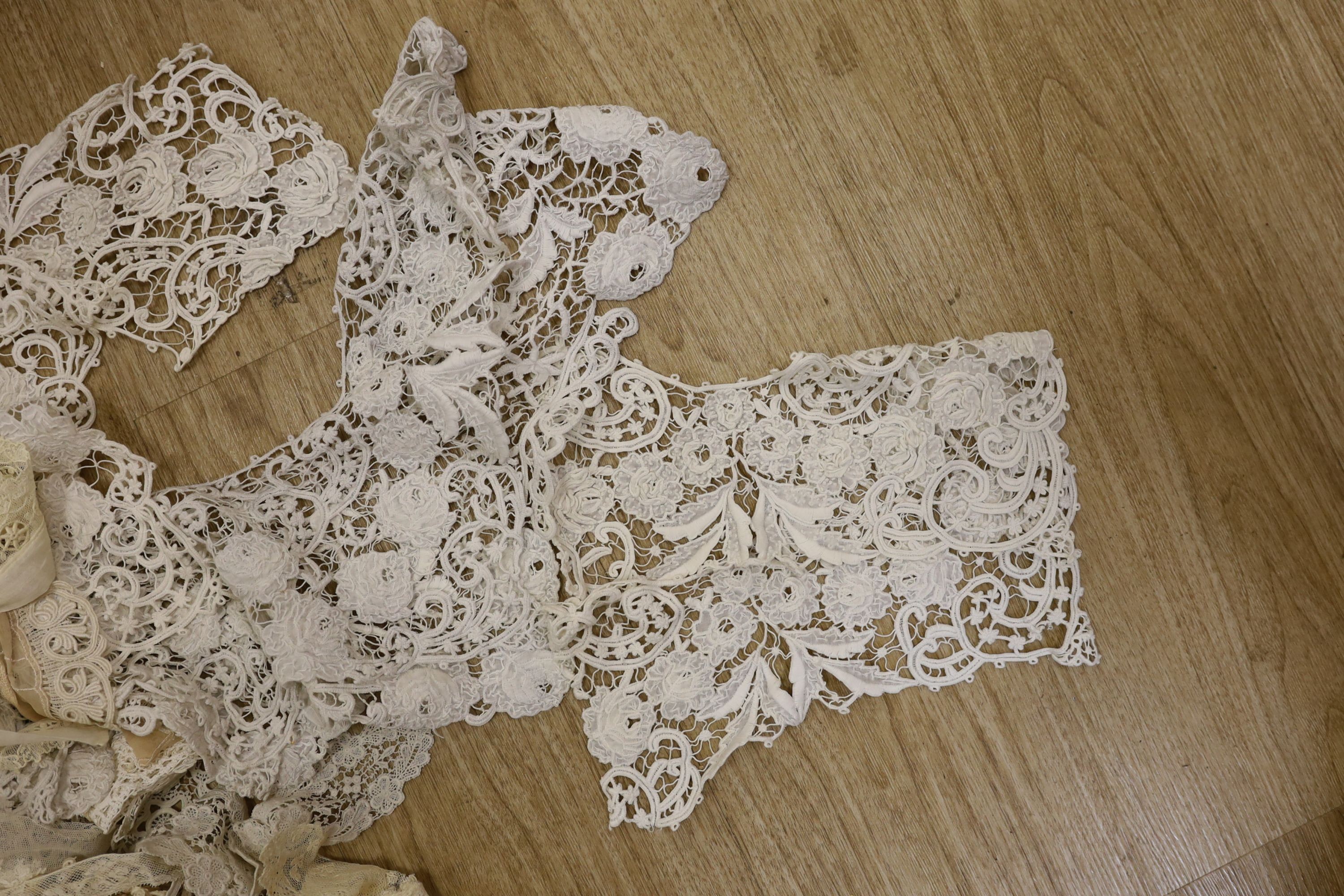 A collection of chemical lace collars, mostly 20th century, and other machine lace